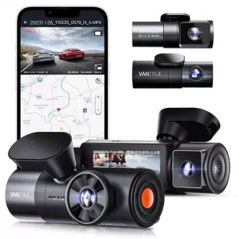 Automobilinis vaizdo registratorius VANTRUE N5 Nexus 5 — 4 kanalų vaizdo registratorius, 2592×1944 pagrindinis, 160° priekis/salonas, GPS, Wi‑Fi, IPS ekranas, MicroSD iki 512 GB