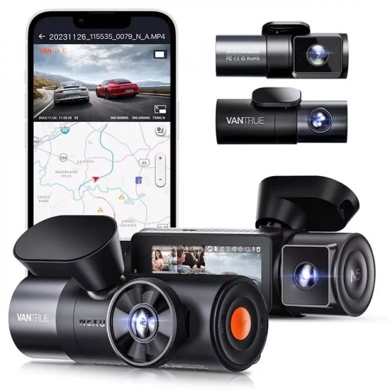 Automobilinis vaizdo registratorius VANTRUE N5 Nexus 5 — 4 kanalų vaizdo registratorius, 2592×1944 pagrindinis, 160° priekis/salonas, GPS, Wi‑Fi, IPS ekranas, MicroSD iki 512 GB