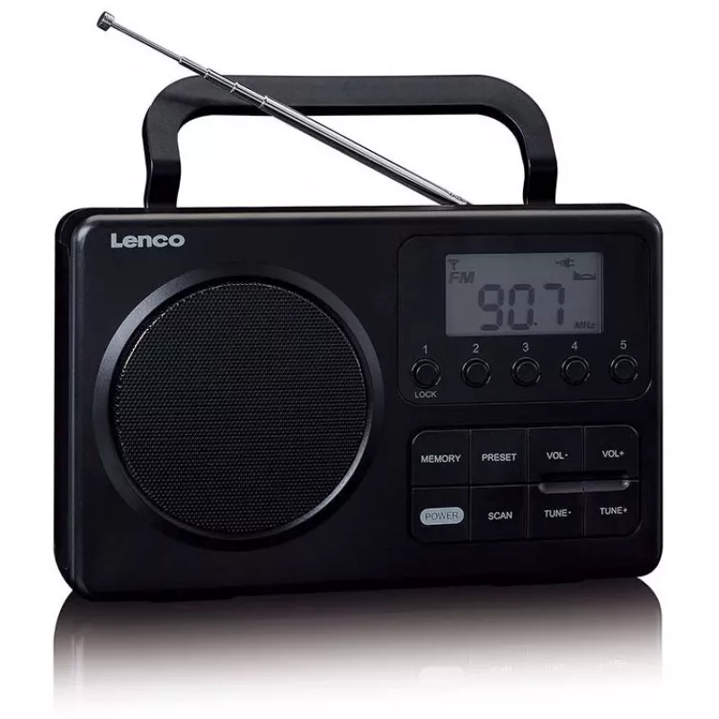 Nešiojamas radijas Lenco MPR-035BK — FM/AM, maitinimas iš tinklo ir baterijų, 2,5 colio LCD, 20 FM stočių atminties, 3,5 mm išvestis
