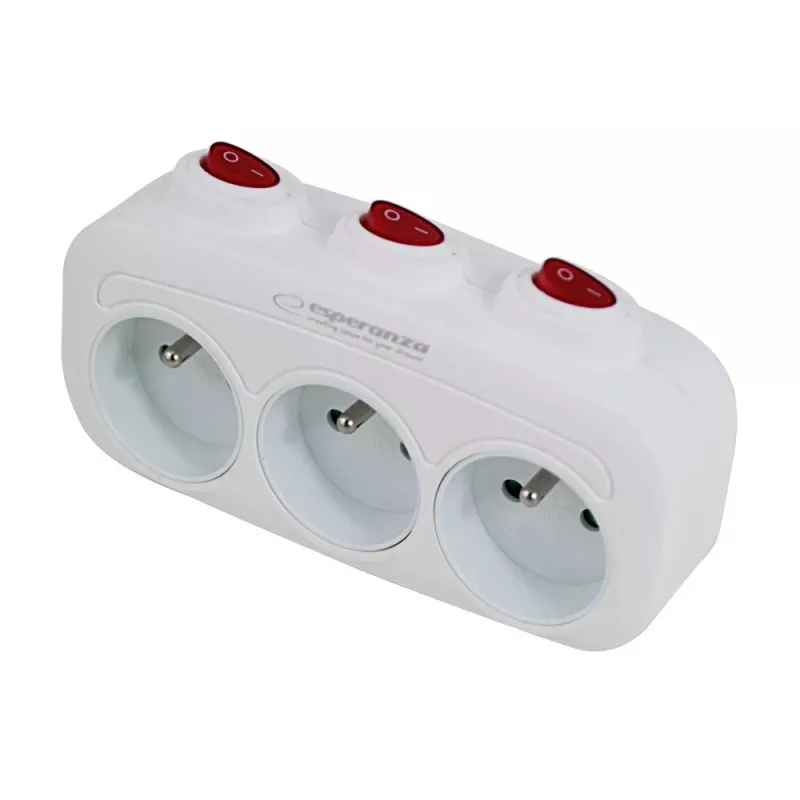 Maitinimo skirstytuvas ESPERANZA ELK307W — 3 lizdų perjungiamas vidaus adapteris, E tipo kištukas, 220–240 V, 16 A, 3680 W, baltas