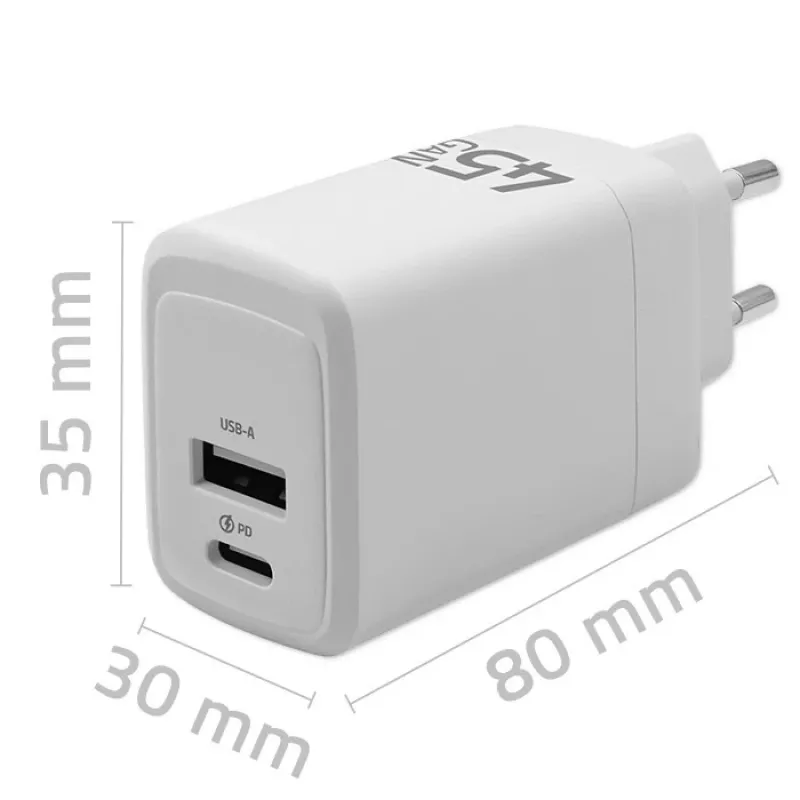 GaN 45W įkroviklis 5V 20V 1,5A 3A, 1xUSB C PD, 1xUS