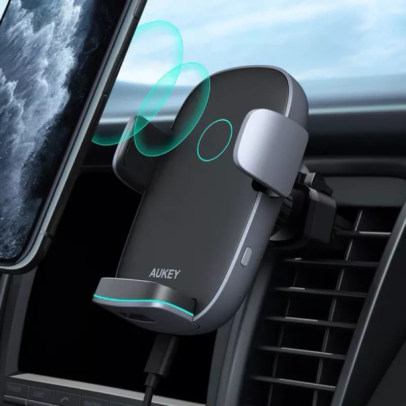Belaidis įkrovimo telefono laikiklis Aukey HD-C52 — Qi suderinamas reguliuojamo kampo automobilinis telefono laikiklis su belaidžiu įkrovimu