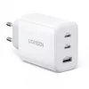 Sieninis įkroviklis UGREEN CD275 2× USB Type-C 65W Baltas — dvigubas USB-C 65W greitas įkrovimas, 100–240V įvestis