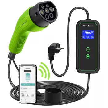 Qoltec mobilus elektromobilio įkroviklis reguliuojamas 2in1 Type2 | 3.5kW | 230V | Wi-Fi | LCD | nešiojamas | Wallbox | 5m