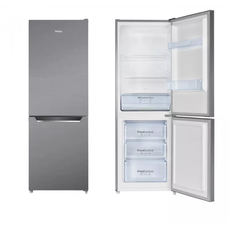 Šaldytuvas-šaldiklis AMICA FK2425.4UNTX(E) pastatomas 277 L bendras, apatinis šaldiklis 74 L, inverteris, sidabrinis, 1593×540×550 mm