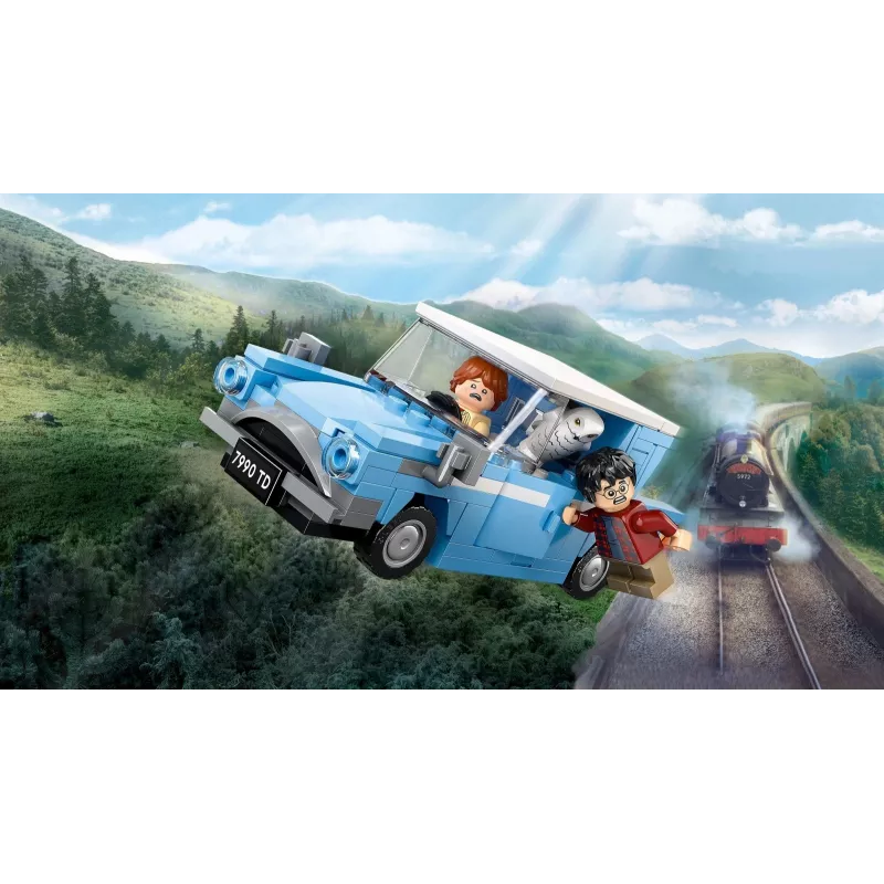 LEGO Harry Potter Skraidantis Ford Anglia automobilio žaislas 7 metų ir vyresniems vaikams, berniukams ir mergaitėms, pastatomas modelis su Roniu Vizliu minifigūrėle ir Hedviga