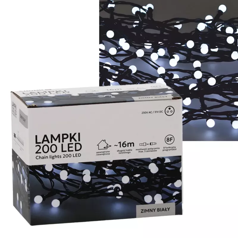 LED girliandos lemputės Extralink 200 lemputės šalta balta, skersmuo 3+ mm, ilgis 16 m