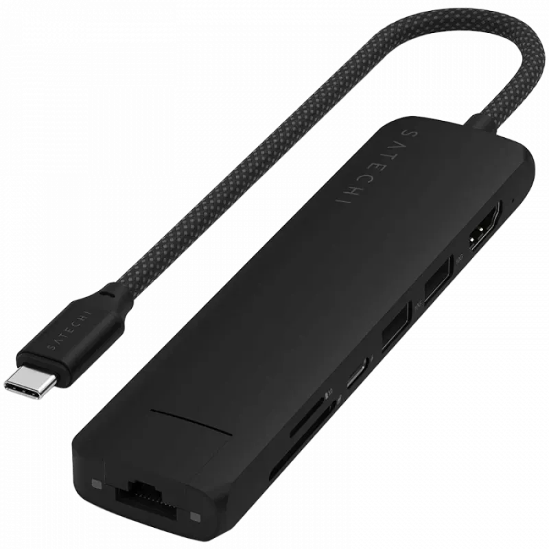 Satechi 7-w-1 USB-C plonas daugiafunkcis adapteris su Ethernet (USB-C PD, 2x USB-A, HDMI 4K, Ethernet, micro/SD kortelių skaitytuvas) (juoda)