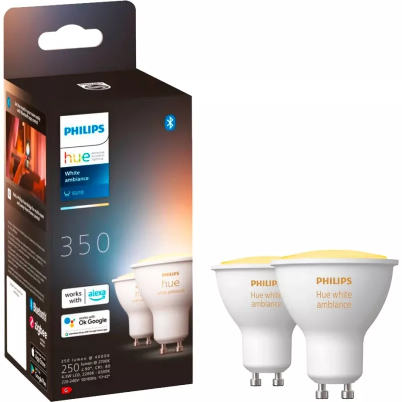 LED GU10 lemputės dviejų vienetų rinkinys su Hue Bridge – Philips Hue White Ambiance, pakeičia 35W