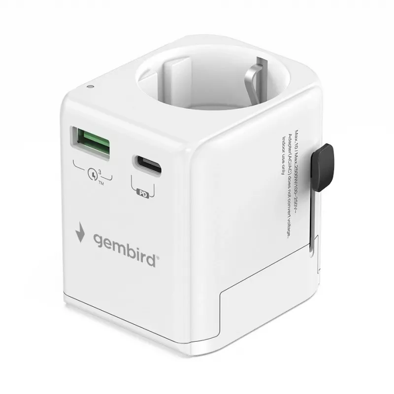 Kelioninis maitinimo adapteris GEMBIRD TPA-EU1A1C20-01-W 20W, USB-A 18W + USB-C 20W, Schuko lizdas, įėjimas 100–250V