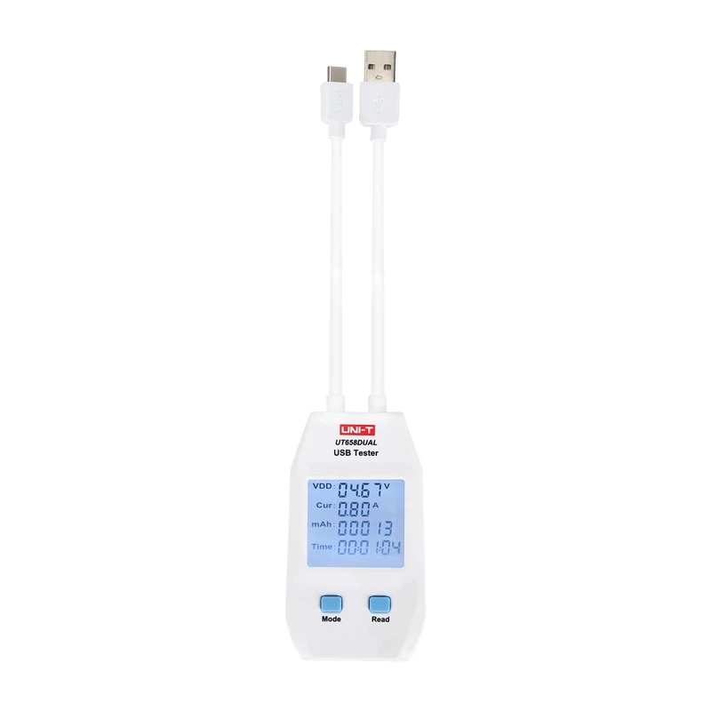 USB-A / USB-C testeris UT658DUAL — QC 3.0 ir 4.0 palaikymas, matuoja 0–99999 mAh