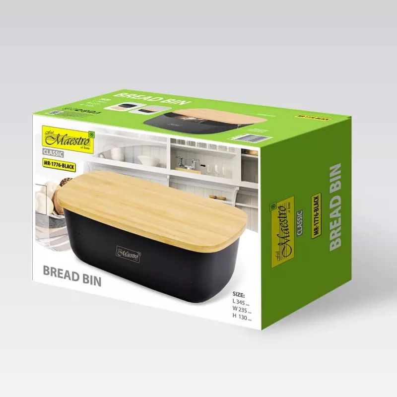 „Breadbox Maestro MR-1776-Juoda“ stalviršio duonos dėžė, plastikinis korpusas su mediniu dangčiu, 345×235×130 mm