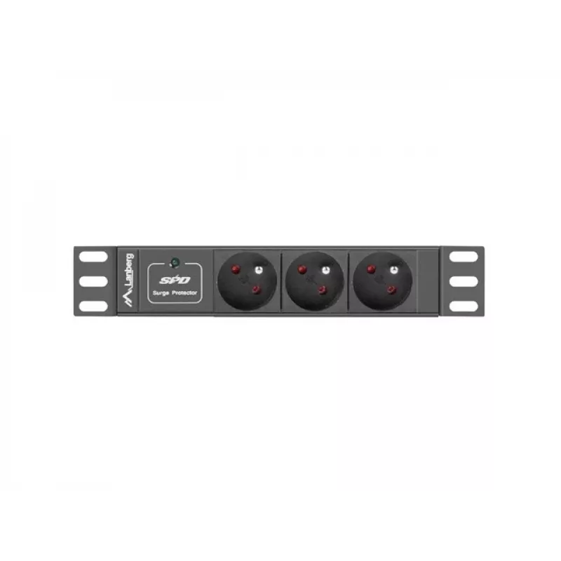 Maitinimo skirstymo įrenginys LANBERG PDU-03E-0200-BK — 1U, 3x E tipo lizdai, 220–250 V, 16 A, 2 m laidas, juodas