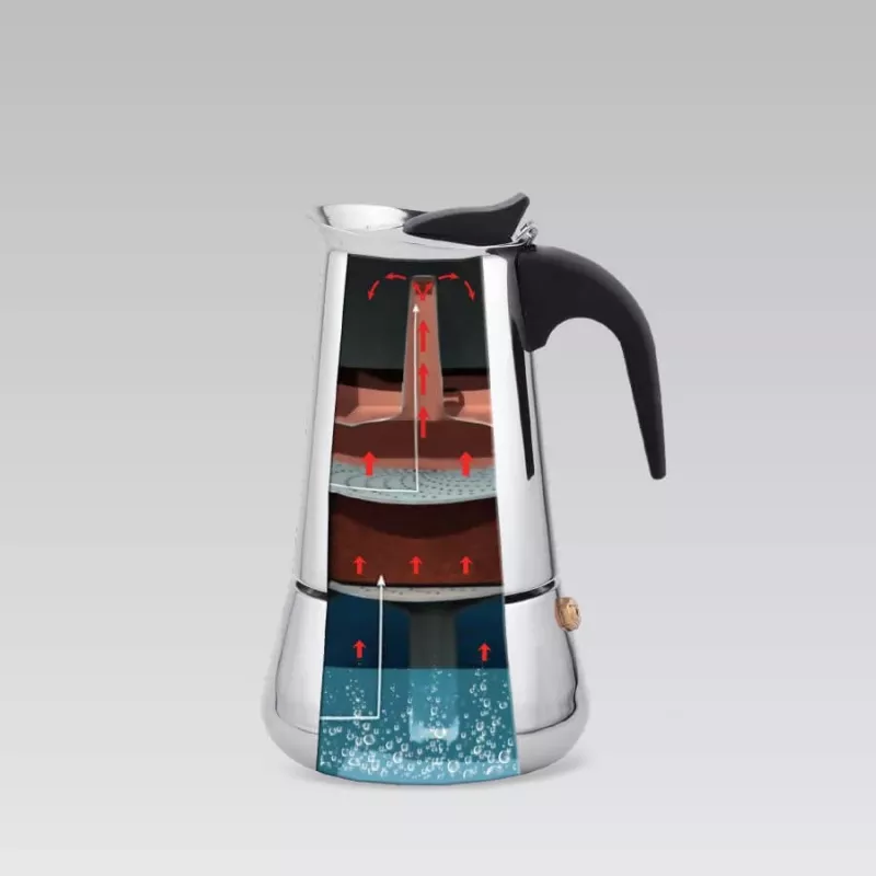 Moka puodas Maestro MR-1660 0,2 l nerūdijančio plieno viryklės kavos virimo aparatas, 4 puodeliai, juoda rankena