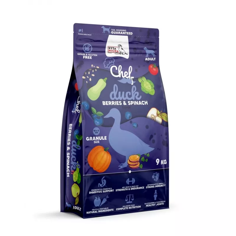 SYTA MICHA Chef Duck, uogomis ir špinatais - sausas šunų maistas - 9kg