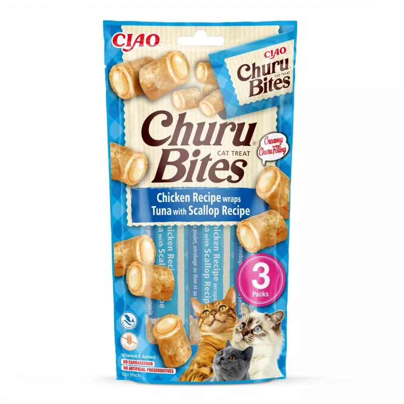 INABA Churu Bites vištienos su tunu ir šukutėmis - skanėstai katėms - 3x10 g