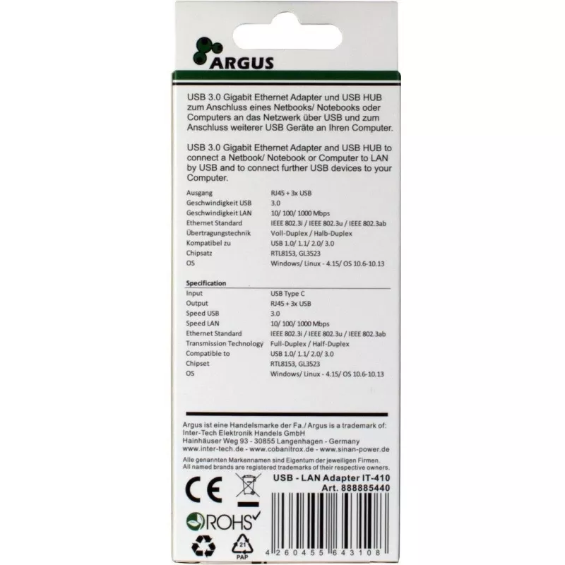 Inter-Tech Argus IT-410 - Šakotuvas - 3 x SuperSpeed USB 3.0 + 1 x 10/100/1000 - Stalinis (88885440)