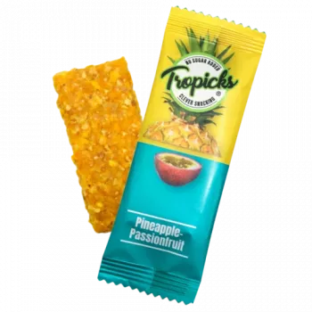 Vaisių batonėlis Tropicks 20 g — džiovintas ananasas ir pasifloros vaisius