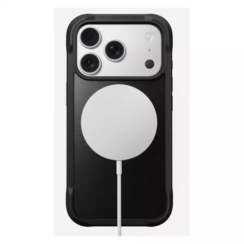 Mobiliojo telefono dėklas Nomad Rugged Leather Case, skirtas Apple iPhone 17 Pro, oda/TPU/PC/aliuminis, tinka 16 cm (6,3 colio) ekranams, juodas