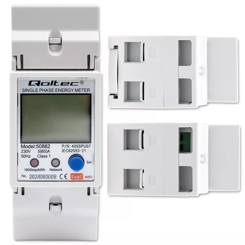 Qoltec 50882 Vienfazis elektroninis energijos suvartojimo skaitiklis ant DIN bėgelio | Wi-Fi | TUYA | 230V | LCD