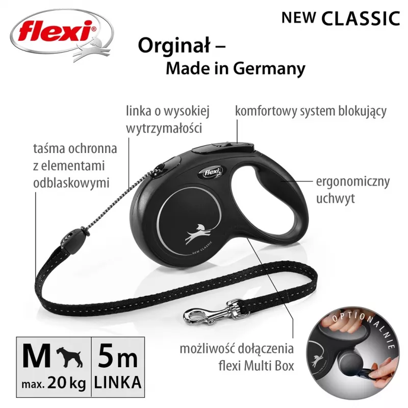 Ištraukiamas pavadėlis Flexi Classic 5 m juodas vidutinio dydžio šunims, virvutė, maks. apkrova 20 kg, šviesą atspindintys elementai