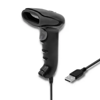 Rankinis brūkšninio kodo skaitytuvas QOLTEC 50866 — 1D lazerinis skaitytuvas, USB laidinis, 600 mm diapazonas, juodas, 161,5×88×77 mm
