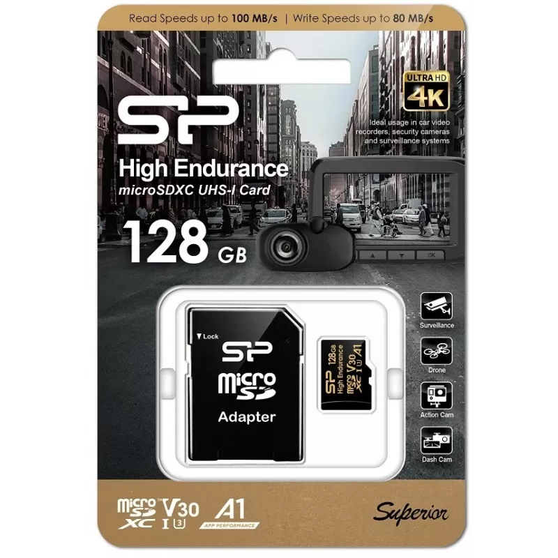 SILICON POWER MICROSDXC DIDELIO IŠLIEKAMUMO 128GB V30 + ADAPTERIS