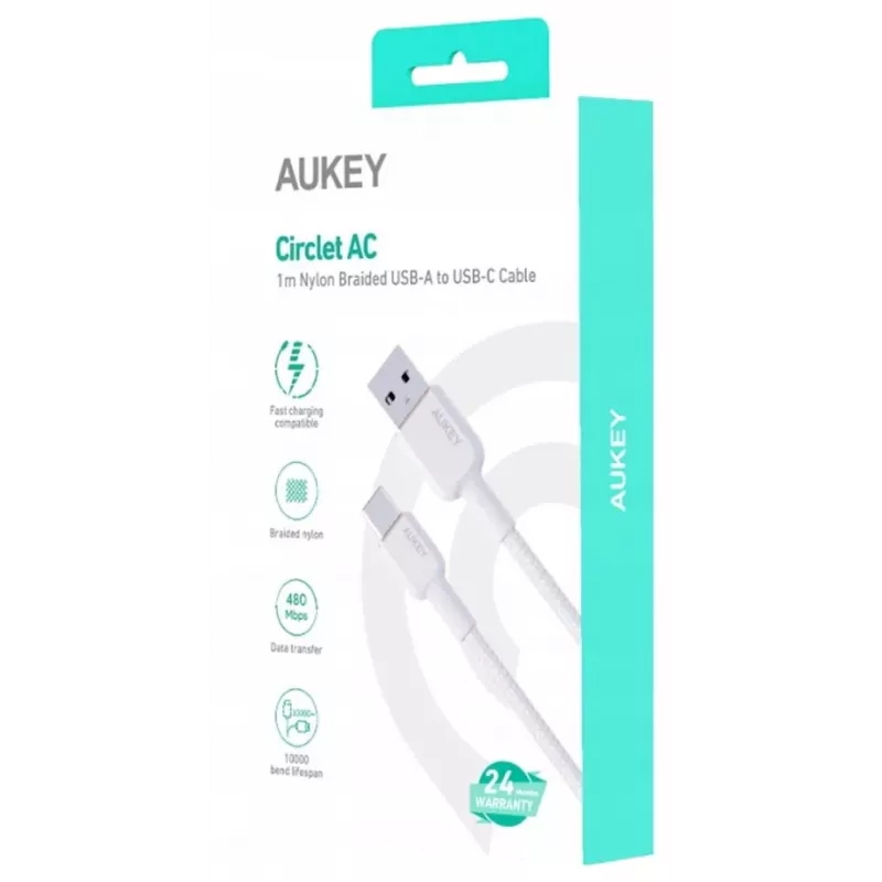 AUKEY CB-NAC1 White Nylon kabelis USB C - USB A