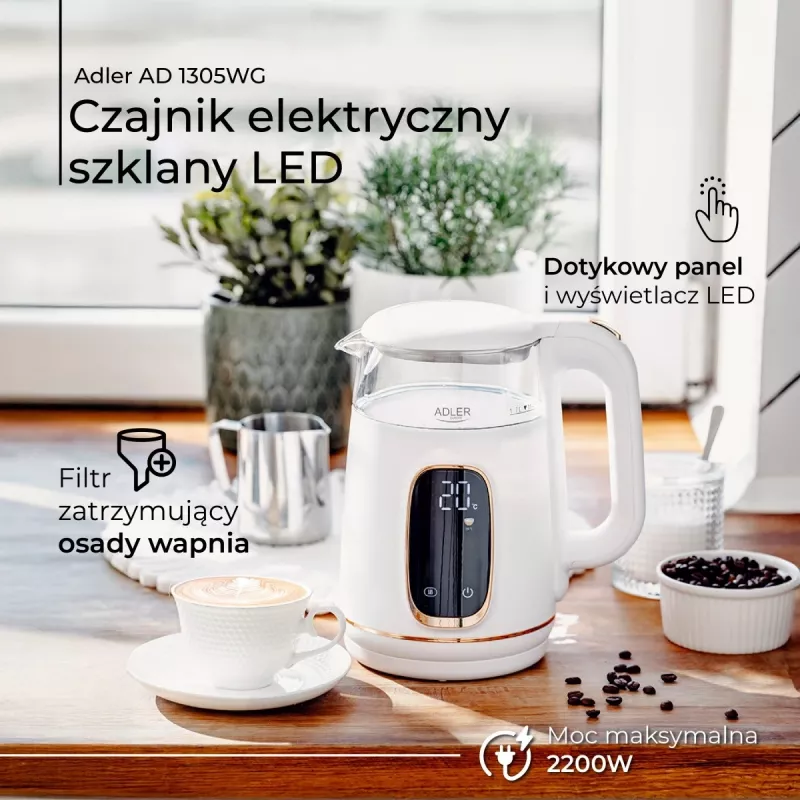 Elektrinis virdulys Adler AD 1305WG — 1,7 l, 2200 W, stiklas/plastikas, baltas/auksinis/permatomas