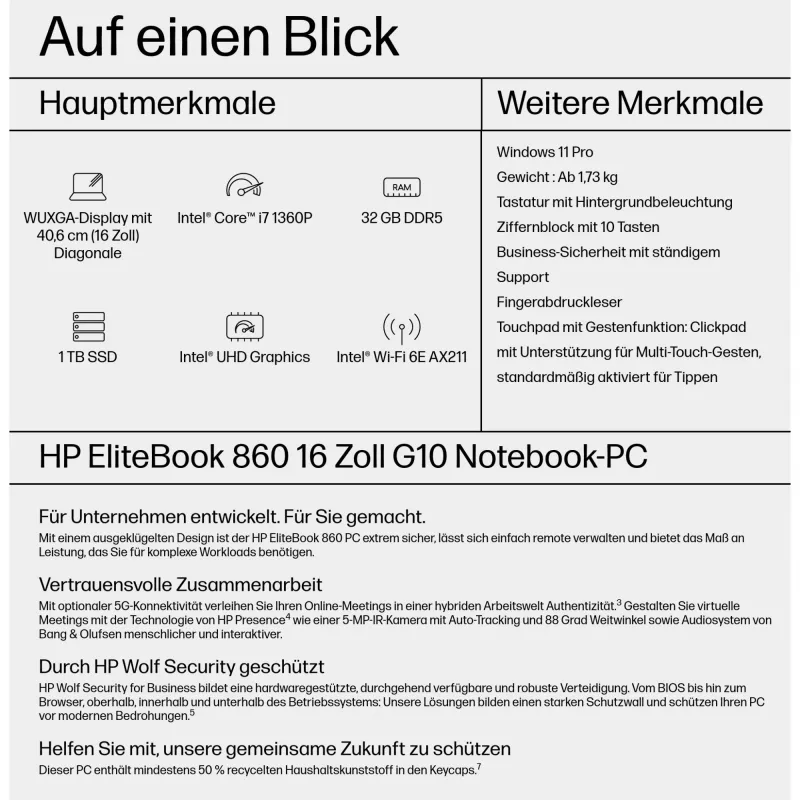 HP EliteBook 860 G10 nešiojamas kompiuteris - Intel Core i7 1360P / 1.9 GHz - Evo - Win 11 Pro - Intel Iris Xe grafika - 32 GB RAM - 1 TB SSD NVMe, TLC - 40.64 cm (16 inch)