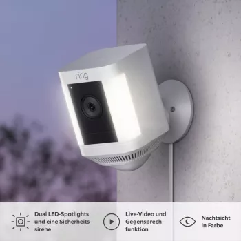 Ring Spotlight Cam Plus Plug-In tinklo stebėjimo kamera, skirta naudoti lauke