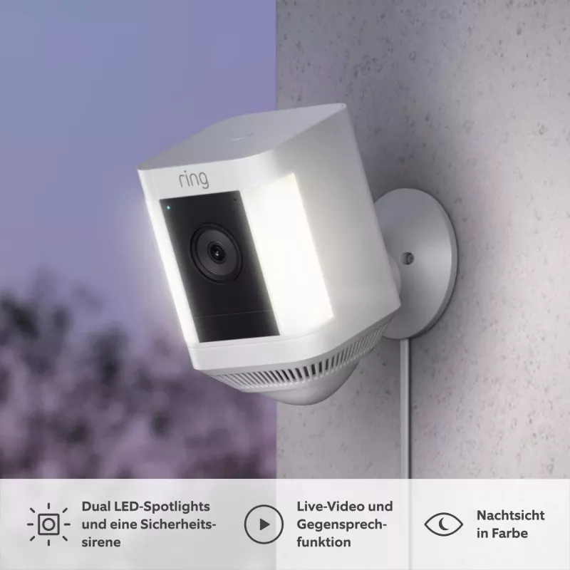 Ring Spotlight Cam Plus Plug-In tinklo stebėjimo kamera, skirta naudoti lauke