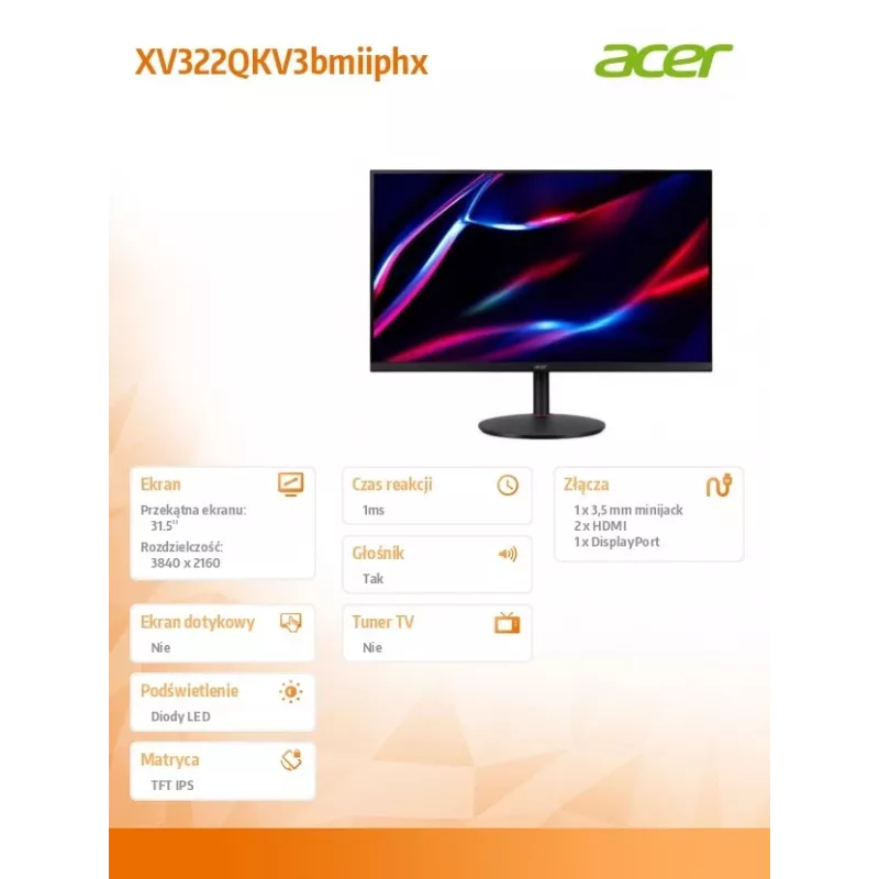 Monitorius 32 colių XV322QKV3bmiiphx IPS 160Hz UHD 4K 0,5/350cd/m2 HDMIx2 DP GARSINTUVAS A:090