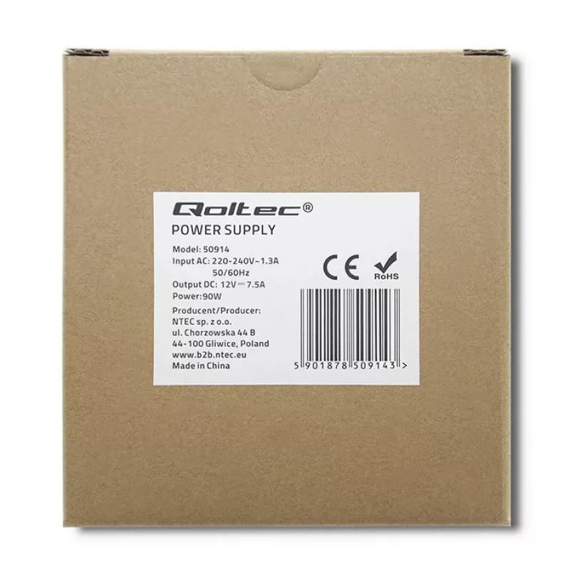 Qoltec 50914 DIN bėgio maitinimo šaltinis | 90 W | 12 V | 7,5 A | Baltas | Plonas