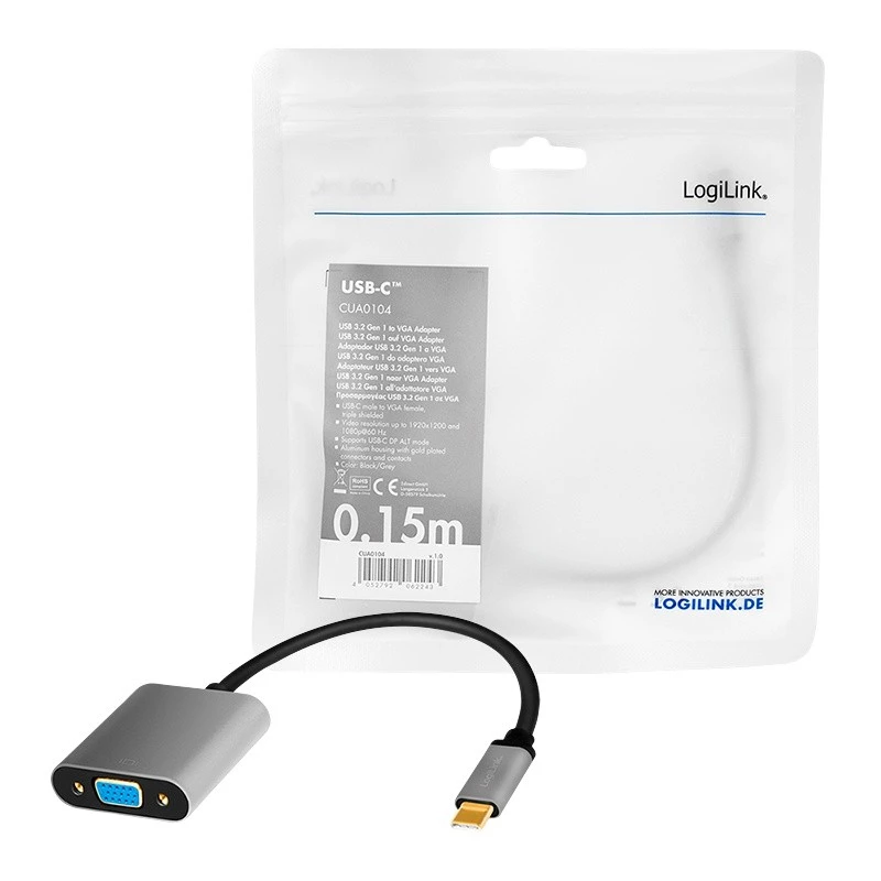 USB Type-C į VGA (D-Sub) vaizdo adapterio kabelis LOGILINK CUA0104 0,15 m, pilka / juoda