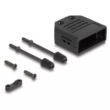 Kabelio gaubtelis DELOCK D-Sub korpusas 9 kontaktų kištukui/lizdui, plastikinis su traukos apsauga, 33,3×33,8×14,8 mm, juodas