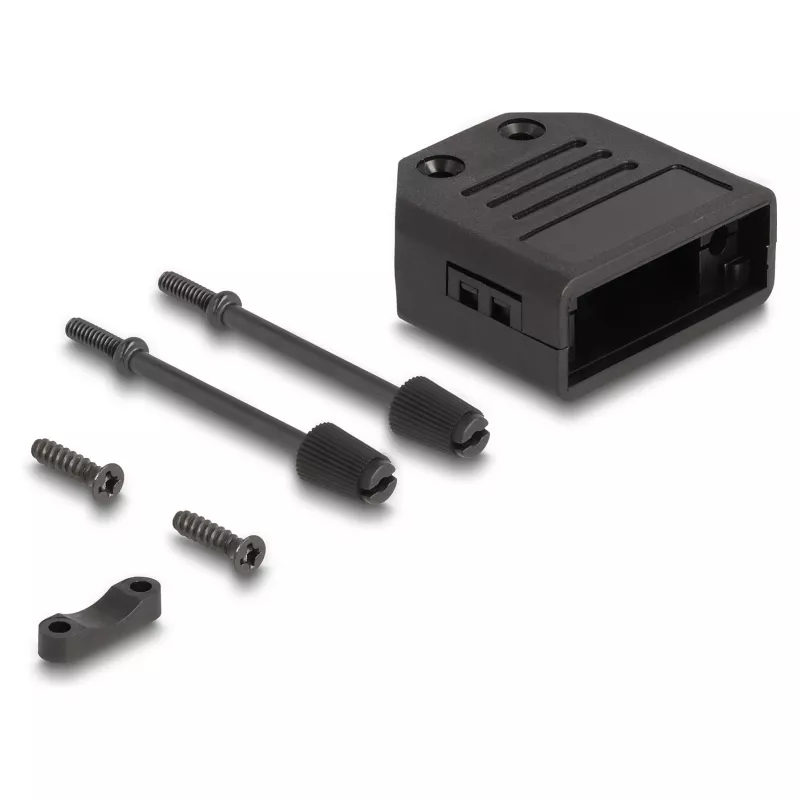 Kabelio gaubtelis DELOCK D-Sub korpusas 9 kontaktų kištukui/lizdui, plastikinis su traukos apsauga, 33,3×33,8×14,8 mm, juodas