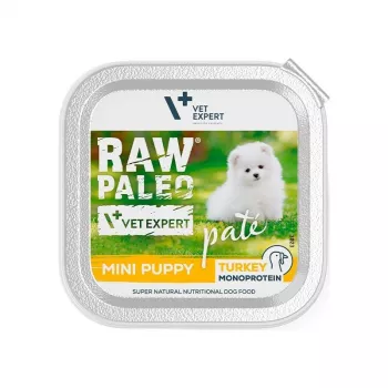 Šlapias šunų maistas VETEXPERT RAW PALEO Pate Mini Turkey 150 g — šuniukų formulė mažoms veislėms, be grūdų ir sojos
