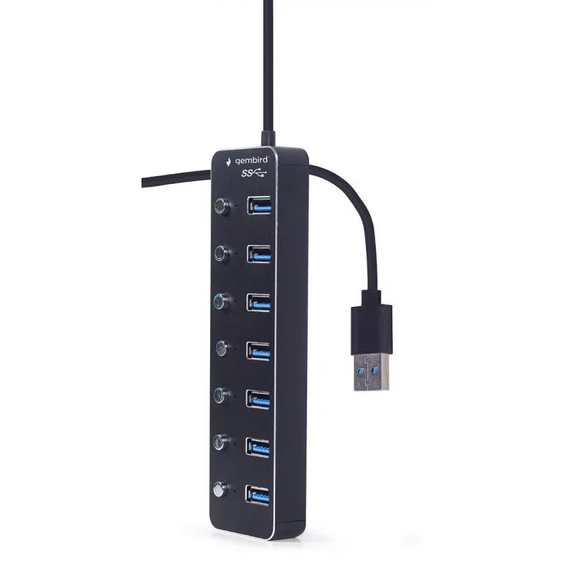USB šakotuvas Gembird UHB-U3P7P-01, 7 prievadų USB 3.2 Gen 1 (Type-A), 0,24 m kabelis, juodas