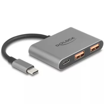USB šakotuvas DELOCK 64337 — USB 3.2 Gen 2 Type-C priegloba, 3 prievadai (Type-C + 2× Type-A), 10 Gbit/s, pilkas, metalinis korpusas