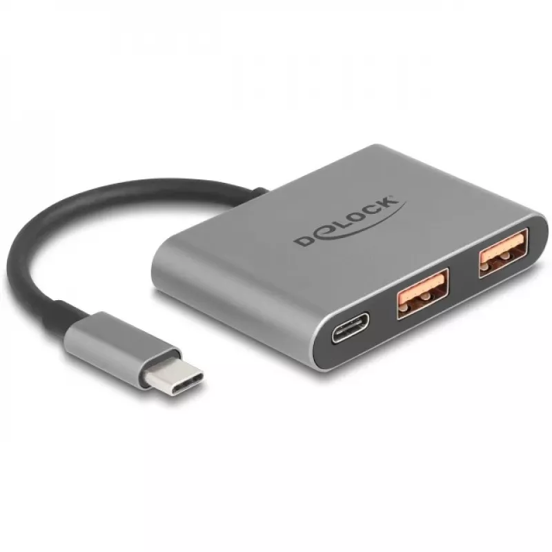 USB šakotuvas DELOCK 64337 — USB 3.2 Gen 2 Type-C priegloba, 3 prievadai (Type-C + 2× Type-A), 10 Gbit/s, pilkas, metalinis korpusas