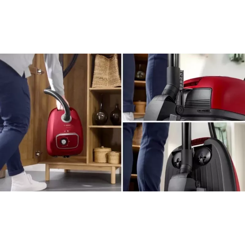 Dulkių siurblys Bosch BGB 41RD3H — 600 W, 4 L dulkių maišelis, HEPA filtras, 11 m veikimo spindulys, teleskopinis vamzdis, raudonas