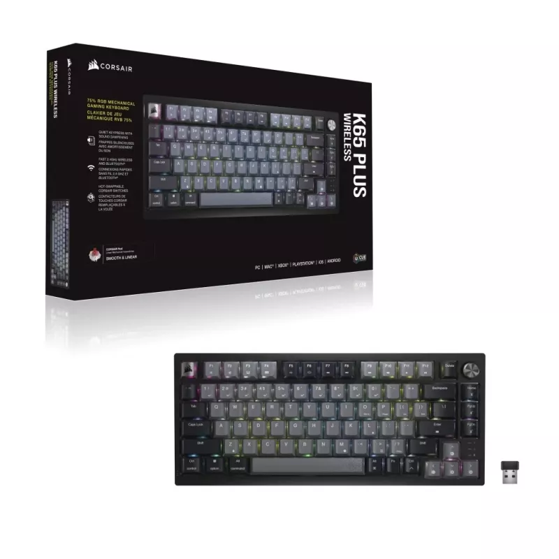 Mechaninė žaidimų klaviatūra CORSAIR K65 PLUS Wireless — Nordic Juoda, kompaktiškas išdėstymas, USB Type-A