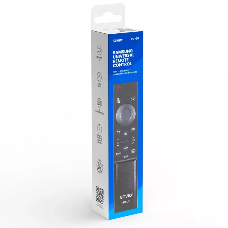 SAVIO RC-25 infraraudonųjų spindulių TV nuotolinio valdymo pultas, mygtukinis įvedimas, juodas, veikimo nuotolis iki 10 m, skirtas 1 įrenginiui, naudoja 2x AAA
