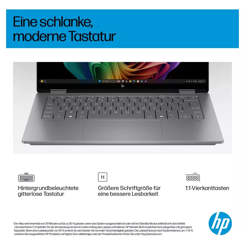 HP OmniBook X Flip Next Gen AI nešiojamas kompiuteris 14-fm0056ng - Flip dizainas - Intel Core Ultra 5 226V / 2,1 GHz - Win 11 Home - Arc Graphics 130V - 16 GB RAM - 512 GB SSD NVMe - 35,6 cm (14 inch)