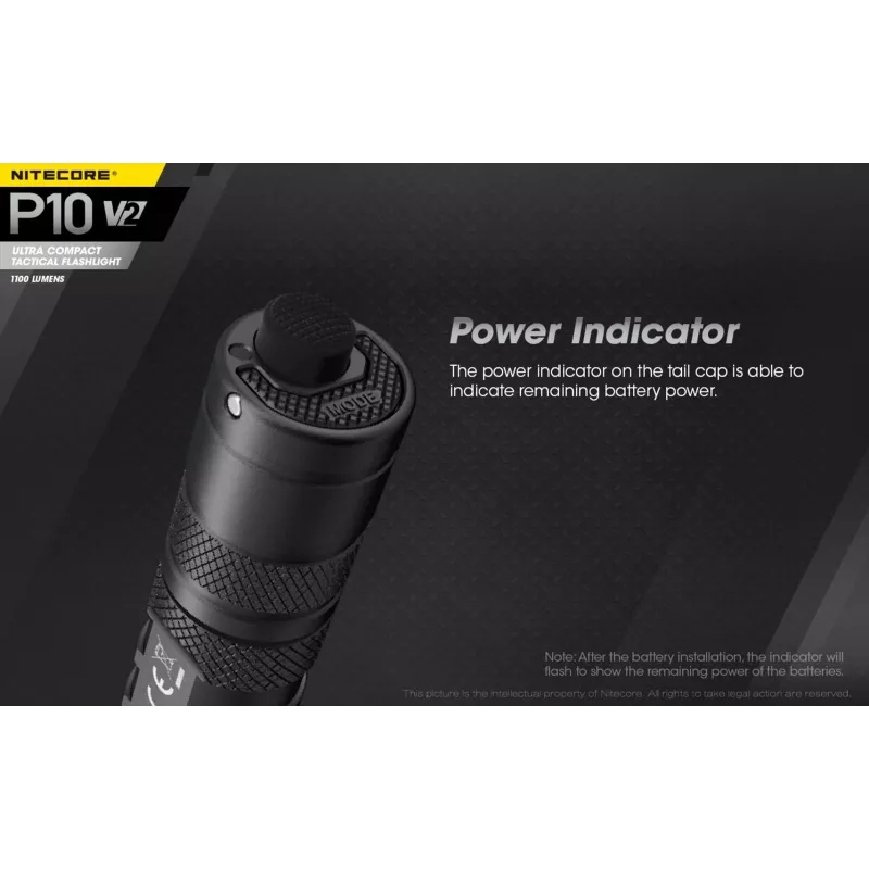 Taktinis žibintuvėlis Nitecore P10 V2 — 1000 lm, IP68 atsparus vandeniui, smūgiams, 95 g, suderinamas su 18650/CR123