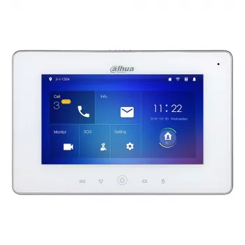 Domofono priedas DAHUA VTH5221DW-S2 — 7 colių 1024x600 ekranas, Wi‑Fi 802.11b/g/n, 10/100 Mbps LAN, 7W, baltas