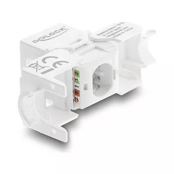 Keystone modulis DELOCK RJ45 į LSA Cat.6 UTP, montavimas be įrankių, su dulkių gaubteliu, plokščias, 16×31,8×19,4 mm, balta/juoda
