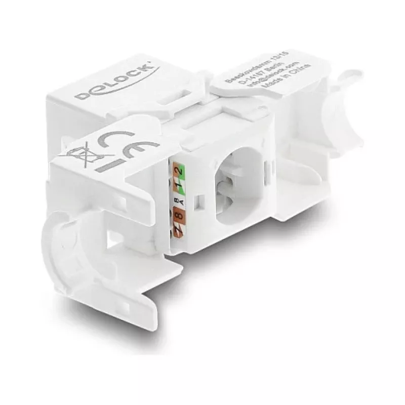 Keystone modulis DELOCK RJ45 į LSA Cat.6 UTP, montavimas be įrankių, su dulkių gaubteliu, plokščias, 16×31,8×19,4 mm, balta/juoda