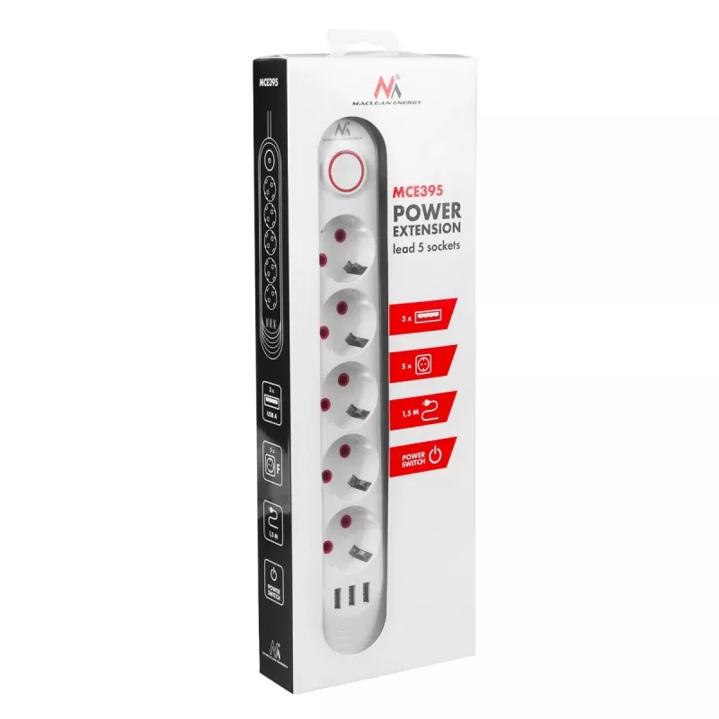 Maitinimo lizdų blokas MACLEAN MCE395 W — 5 lizdai, 3× USB A, 110–240 V kintamoji srovė, 2,1 A USB, maks. 2500 W, baltas, 1,5 m laidas